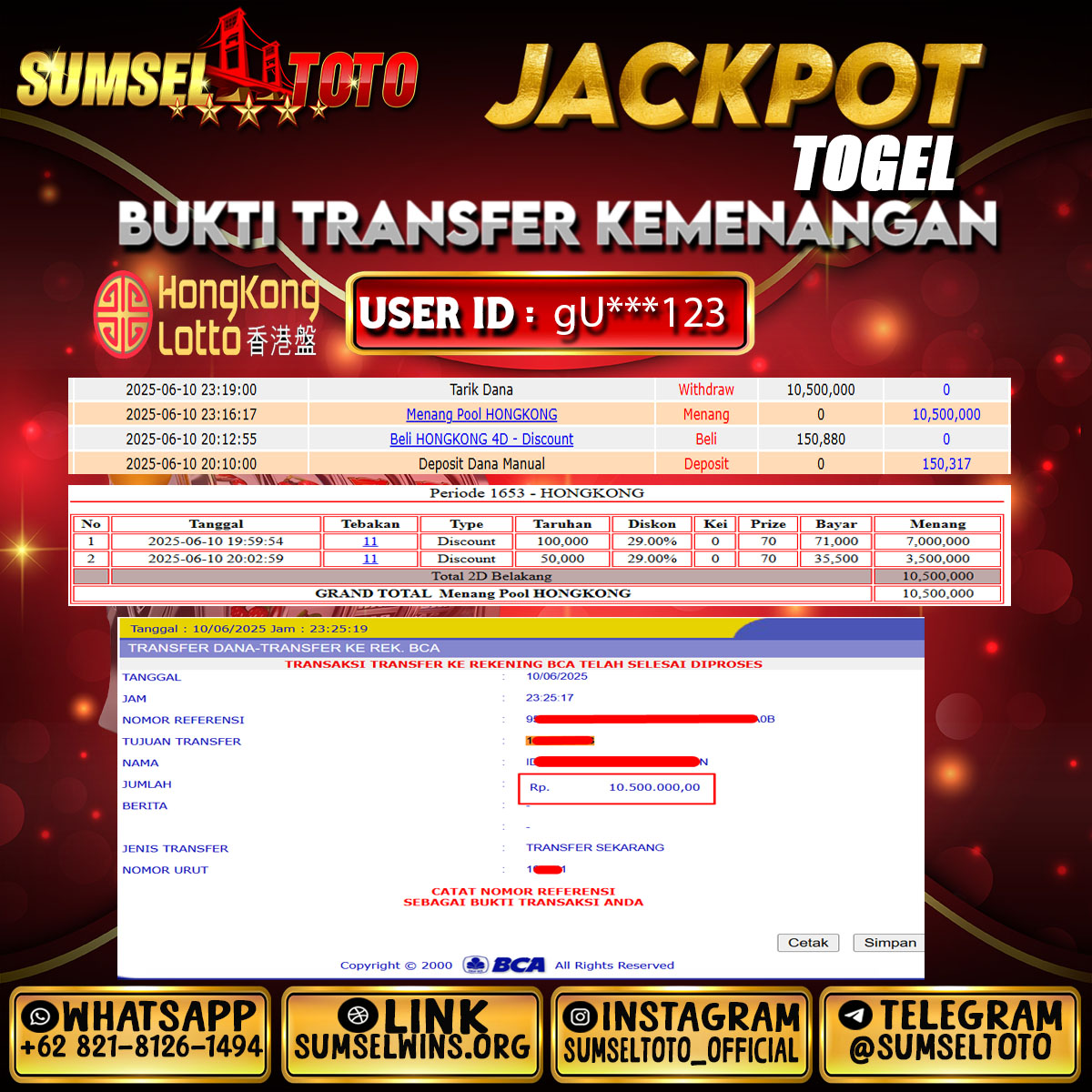 SUMSELTOTO JACKPOT TOGEL HONGKONG Rp.10,500,000.,- LUNAS